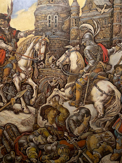 Oil painting of Ivan Bohun, medieval knight on horseback in battle by Litvinov Oleg Arkad’yevich