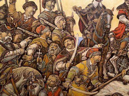 Oil painting of Ivan Bohun in chaotic medieval battle by Litvinov Oleg Arkad’yevich