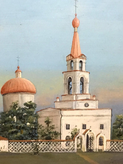 Oil painting of white stone church with orange domes in Old Lubotin