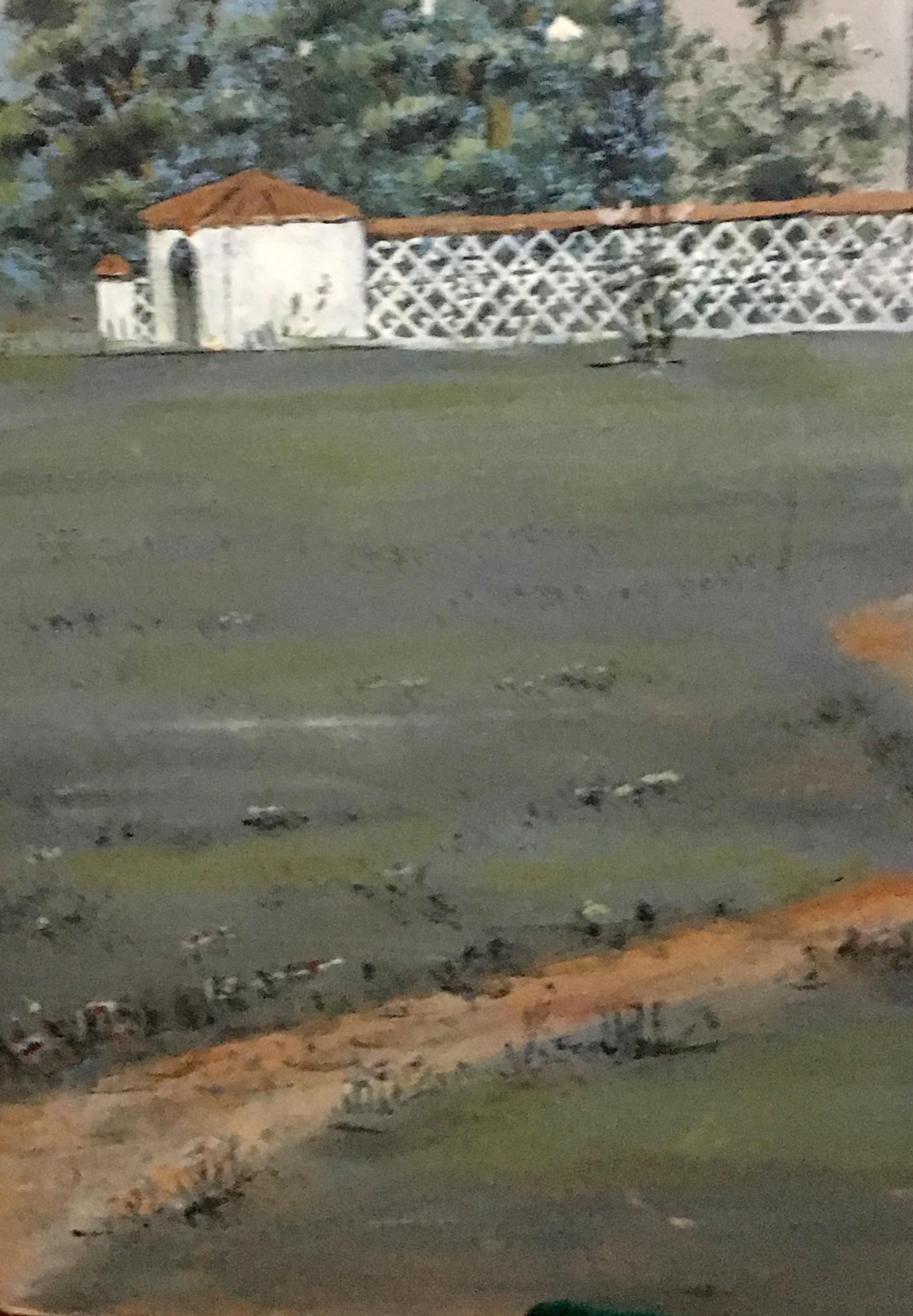 Oil painting Old Lubotin: white lattice fence with orange-tiled roof