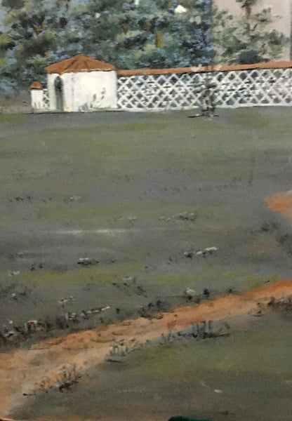 Oil painting Old Lubotin: white lattice fence with orange-tiled roof