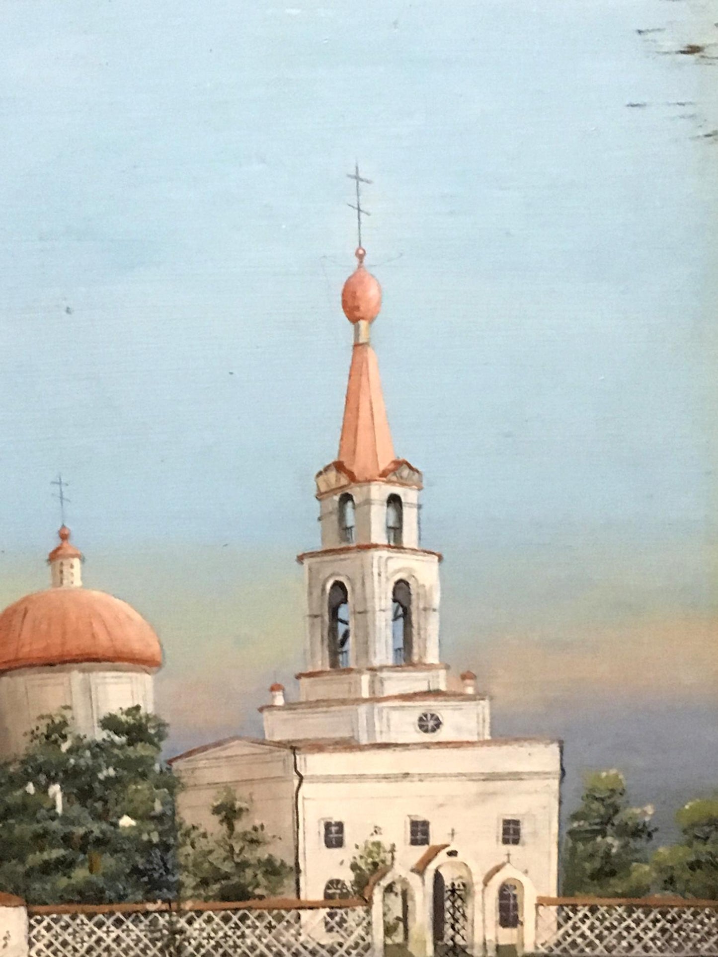 Oil painting of Old Lubotin white stone church with orange spire and dome