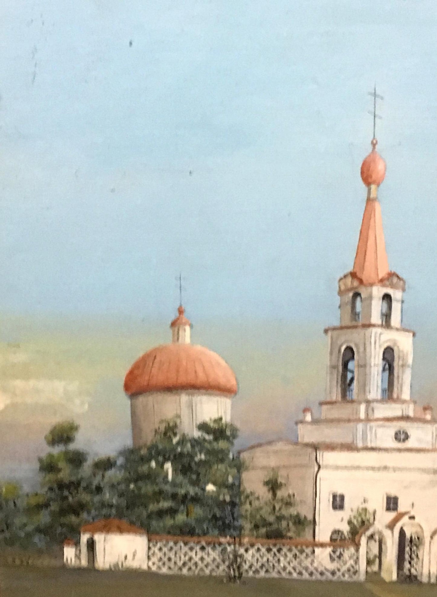 Oil painting of Old Lubotin white church with orange onion dome bell tower