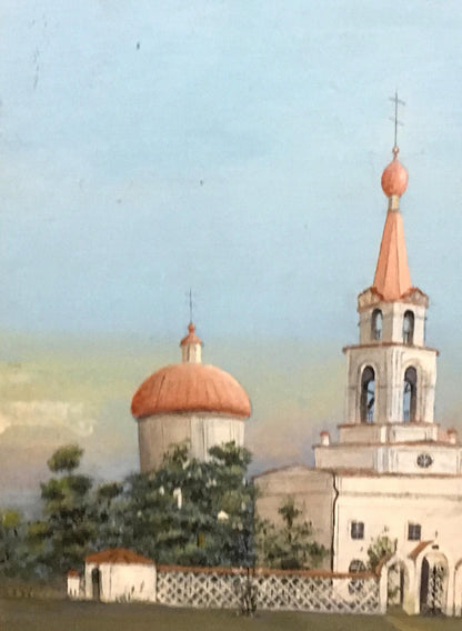 Oil painting of Old Lubotin white church with orange onion dome bell tower