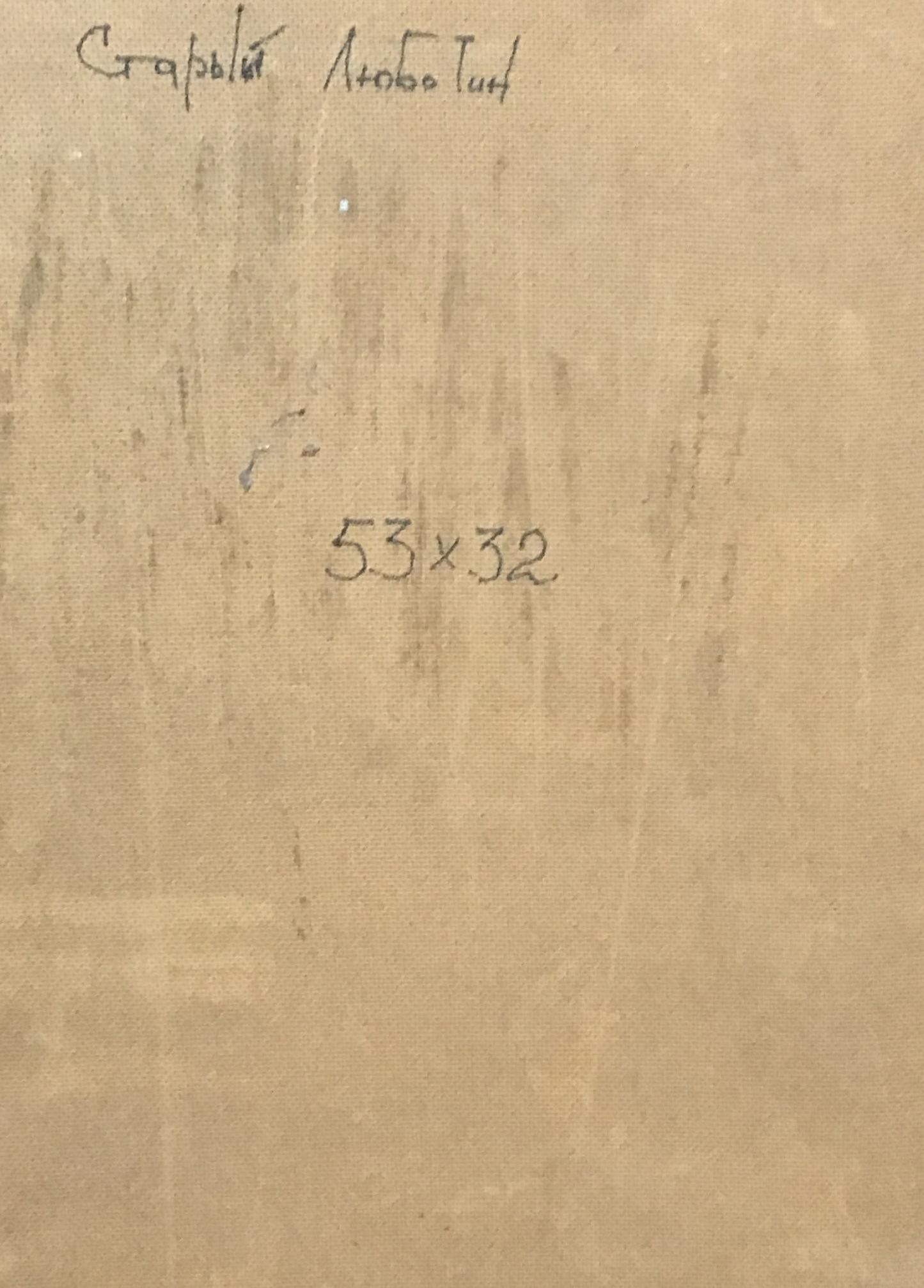 Back of Oil painting Old Lubotin on beige textured graph paper with dimensions