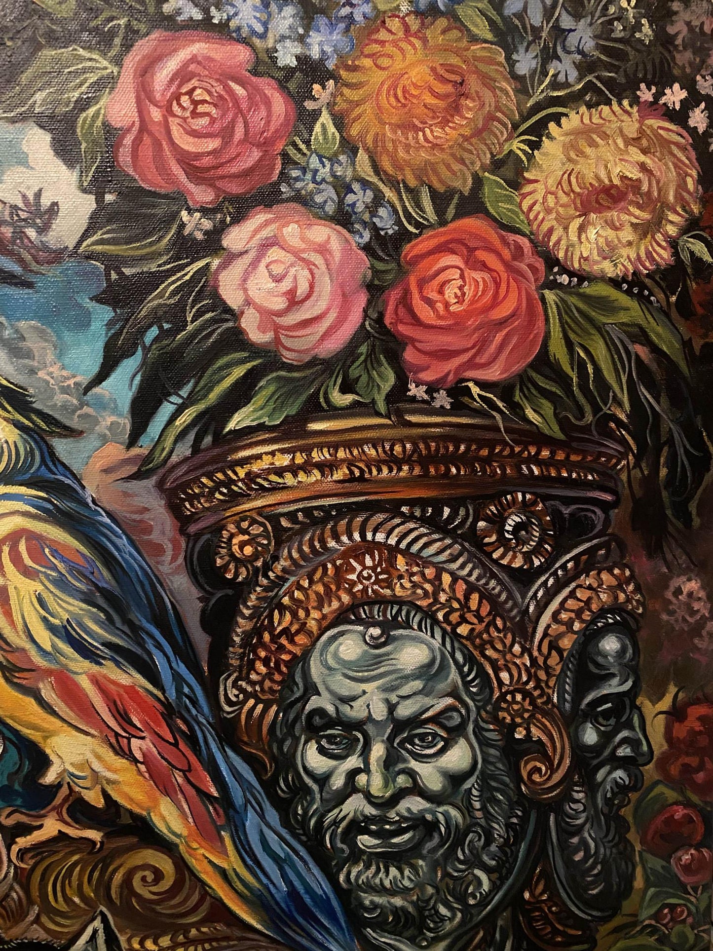 Oil painting by Alexander Arkadievich Litvinov: ornate vase with pink roses