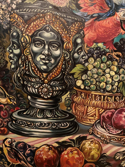 Dark ornate three-faced bust in gold detail, Litvinov parrot still life painting
