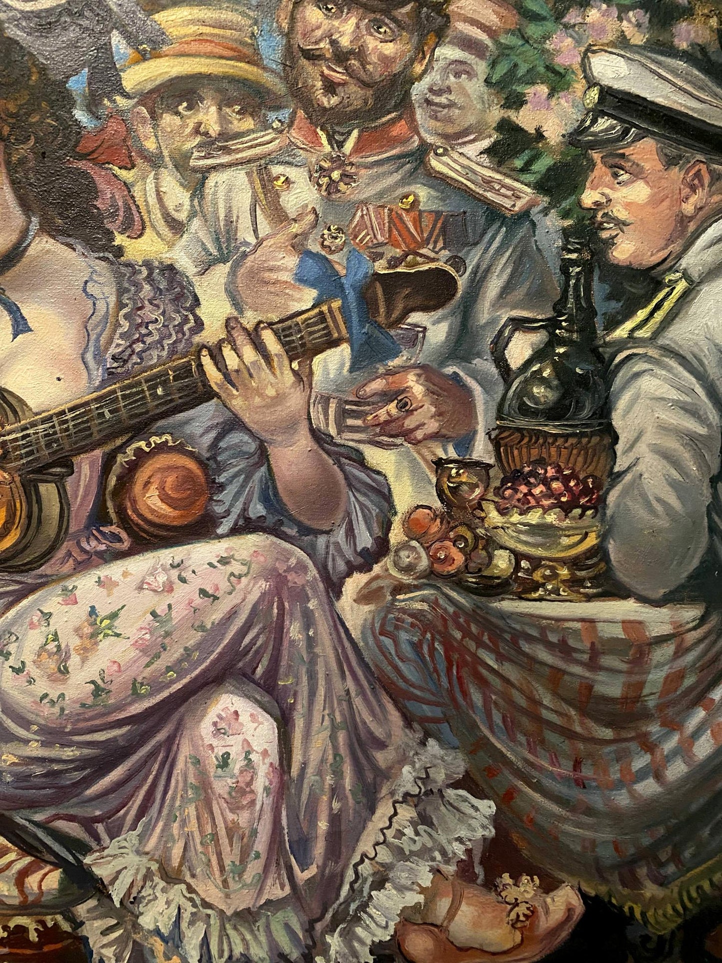 Oil painting by Alexander Arkadievich Litvinov 1904 of woman in lavender dress at fruit wine table