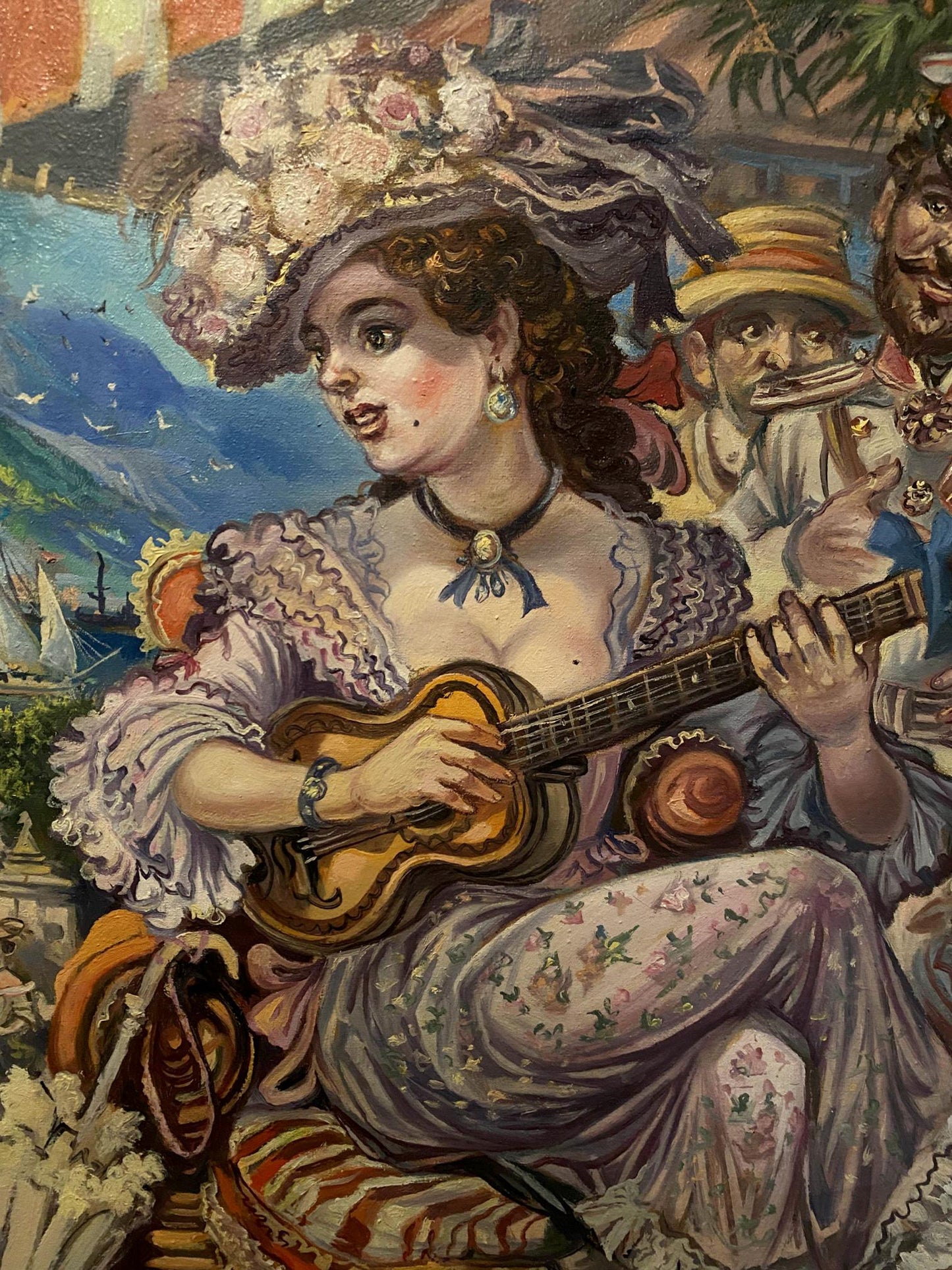 Oil painting by Alexander Arkadievich Litvinov 1904 woman in floral gown playing ukulele