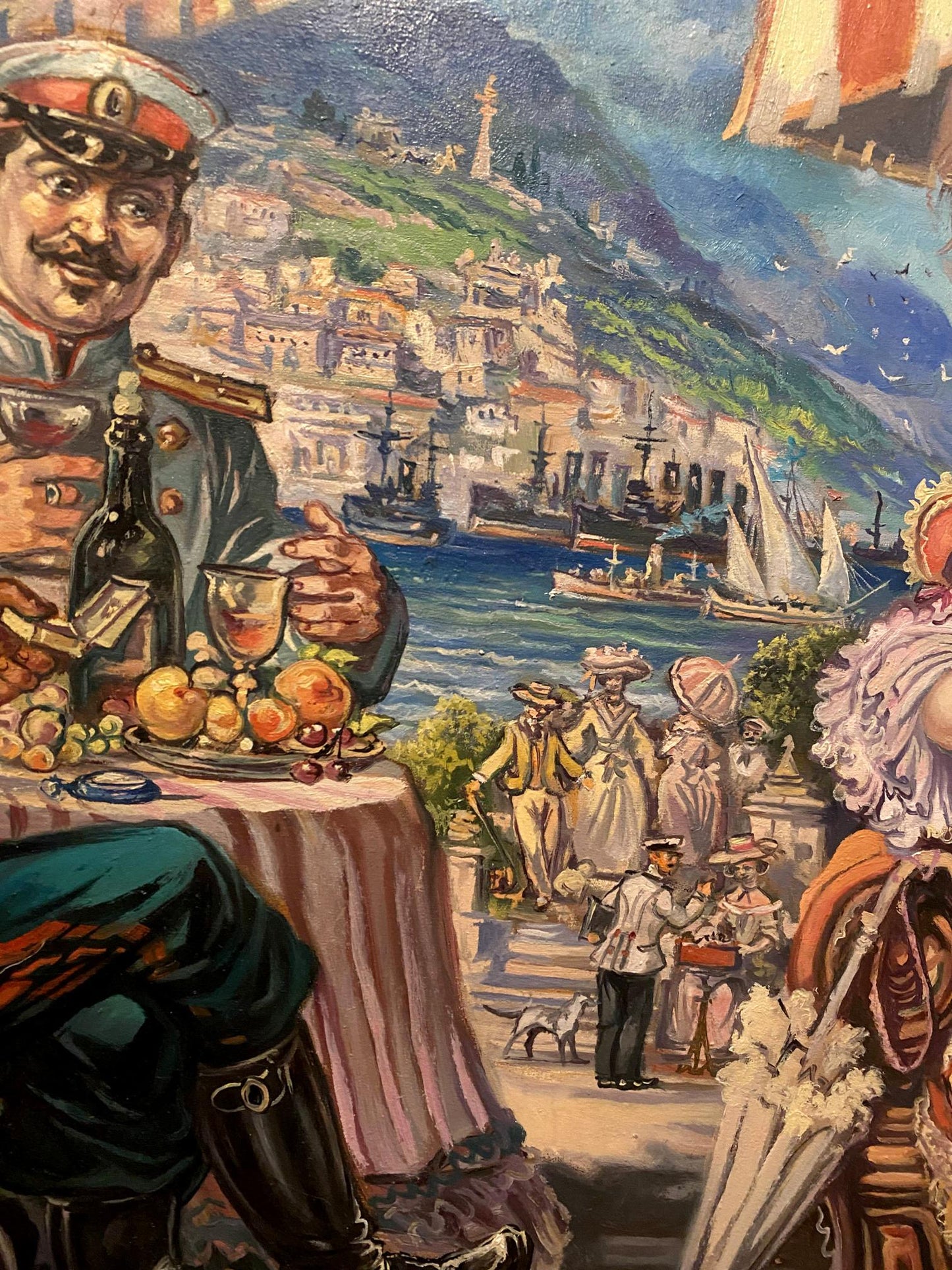 Oil painting by Alexander Arkadievich Litvinov 1904 man in military uniform at coastal table