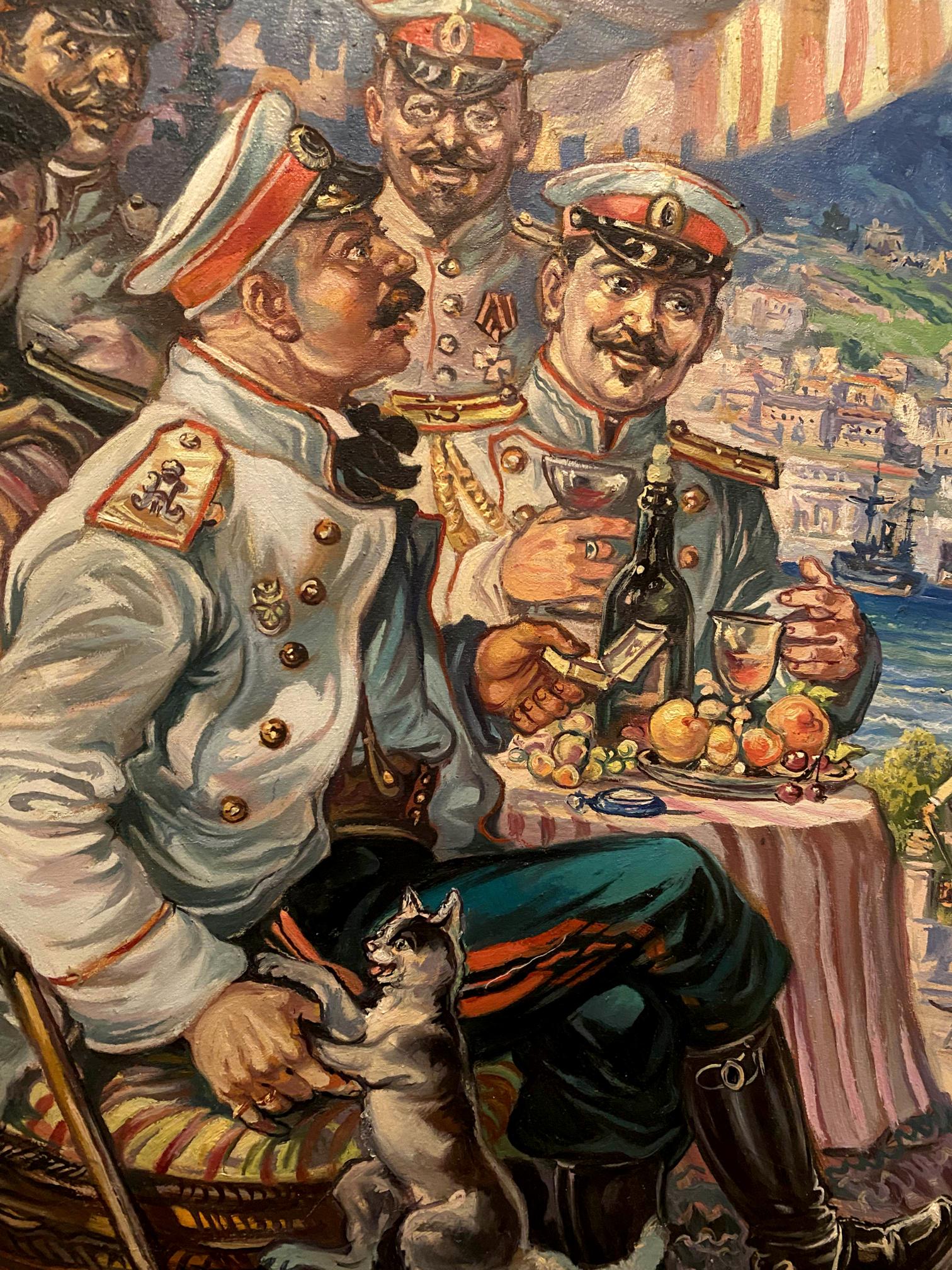 1904 oil painting by Alexander Arkadievich Litvinov of three officers with wine
