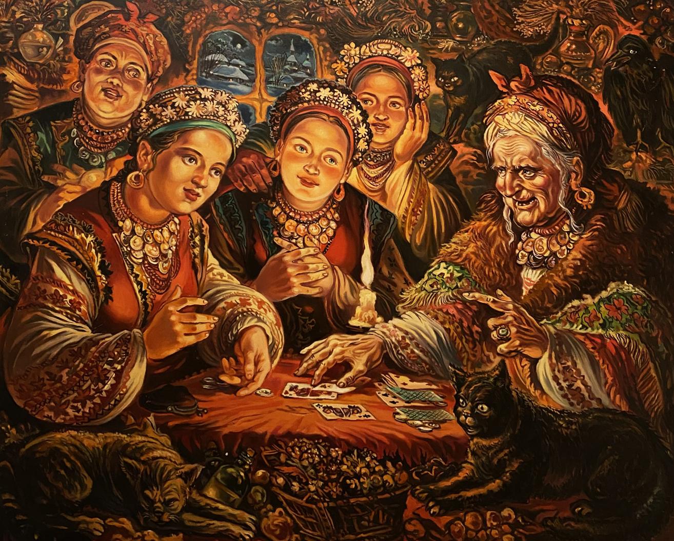 Oil painting by Alexander Arkadievich Litvinov of richly adorned women playing cards