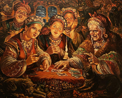 Oil painting by Alexander Arkadievich Litvinov of richly adorned women playing cards