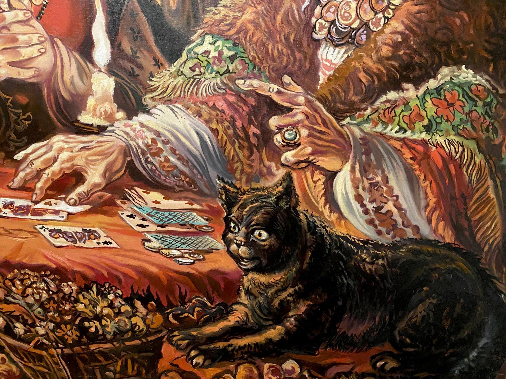 Oil painting by Alexander Arkadievich Litvinov: black cat amid fortune telling cards