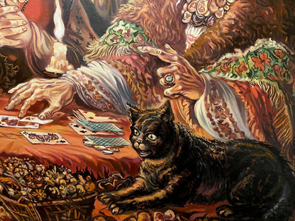 Oil painting by Alexander Arkadievich Litvinov: black cat amid fortune telling cards