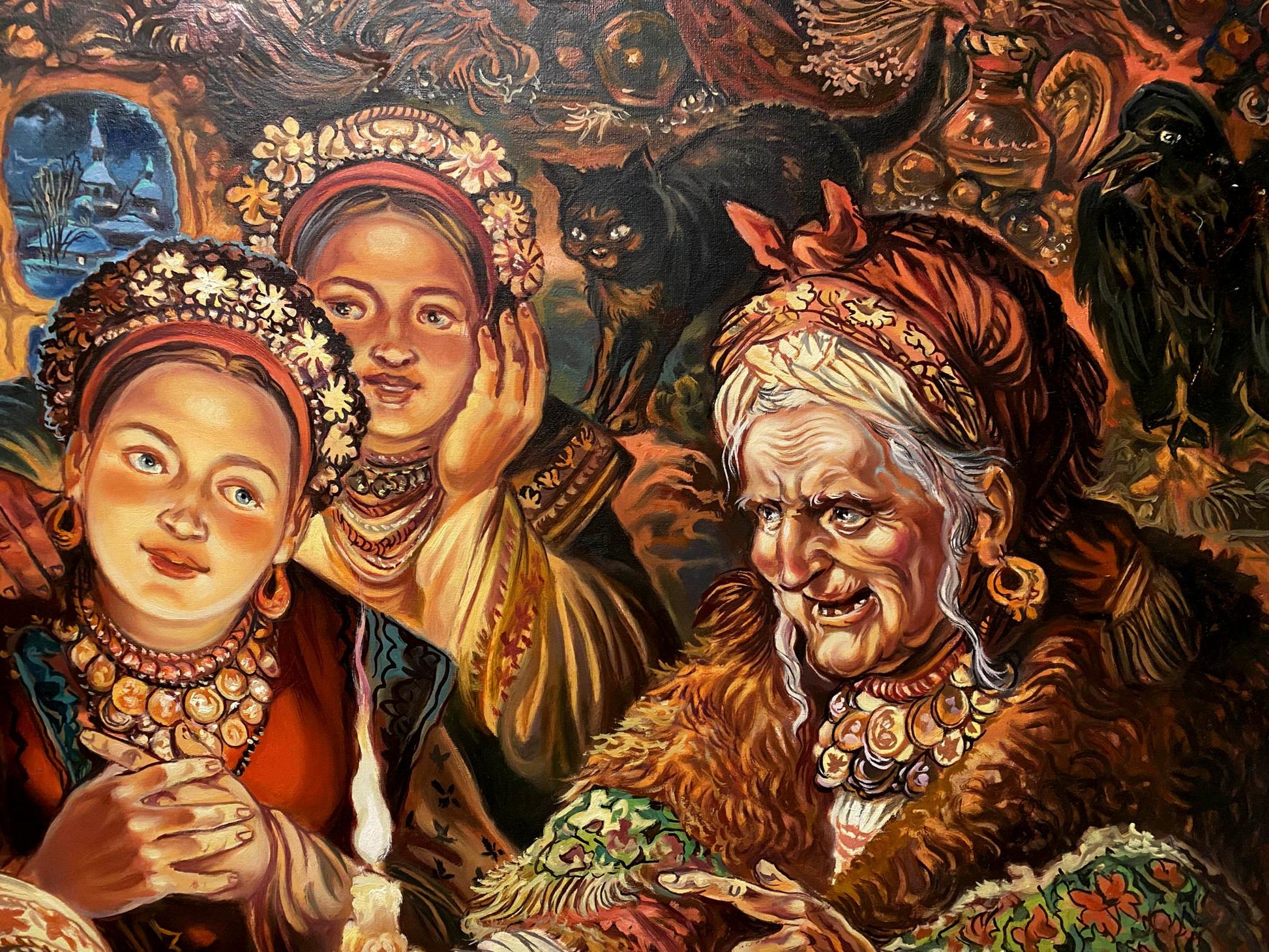 Oil painting Fortune telling by Alexander Arkadievich Litvinov, three women in folk attire