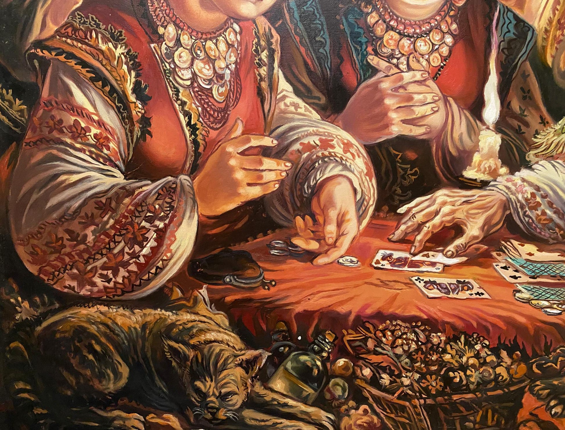 Oil painting of richly embroidered red gold dress by Litvinov