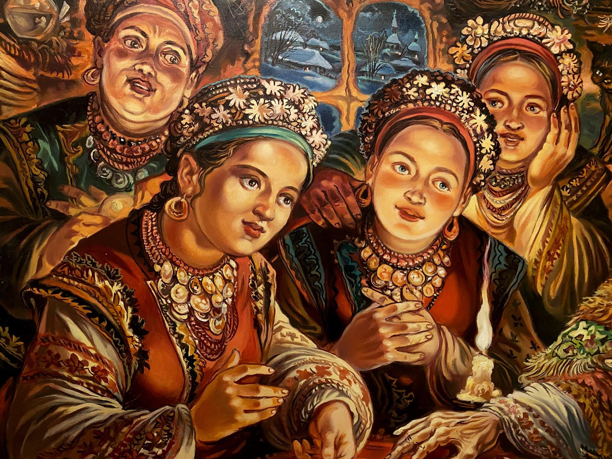 Oil painting Fortune telling by Alexander Arkadievich Litvinov: vibrant folk women