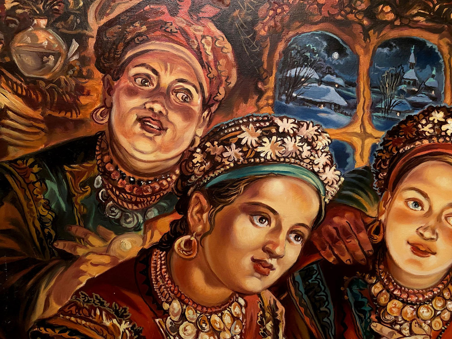 Oil painting Fortune Telling by Alexander Arkadievich Litvinov, three women in folk attire