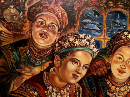 Oil painting Fortune Telling by Alexander Arkadievich Litvinov, three women in folk attire
