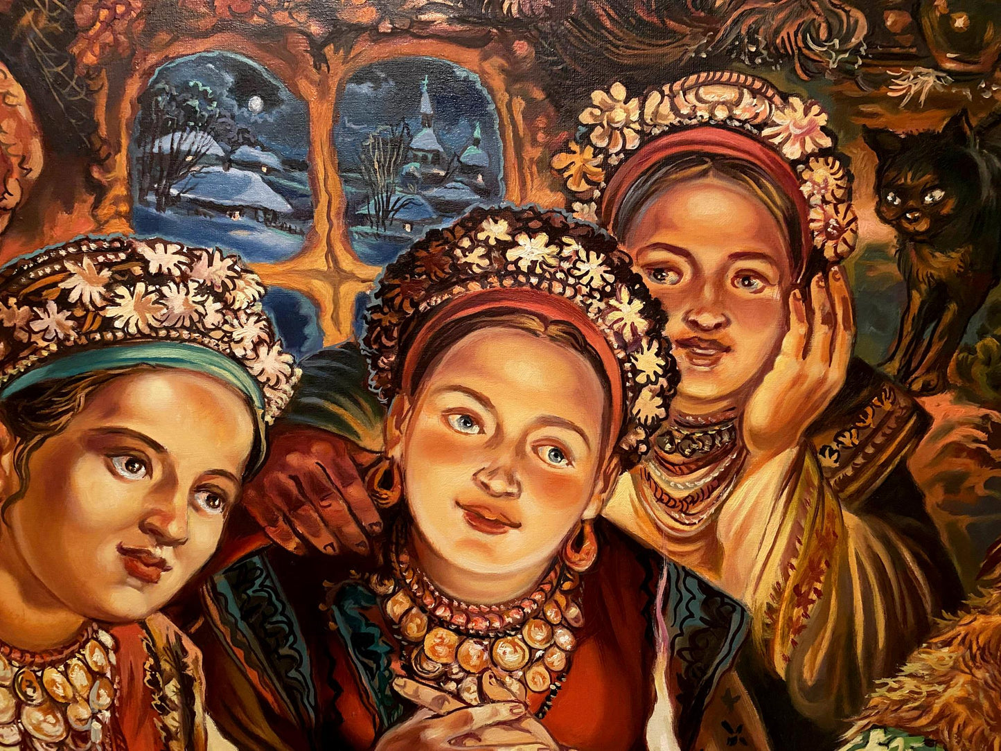 Oil painting Fortune Telling by Alexander Arkadievich Litvinov with three women in folk attire