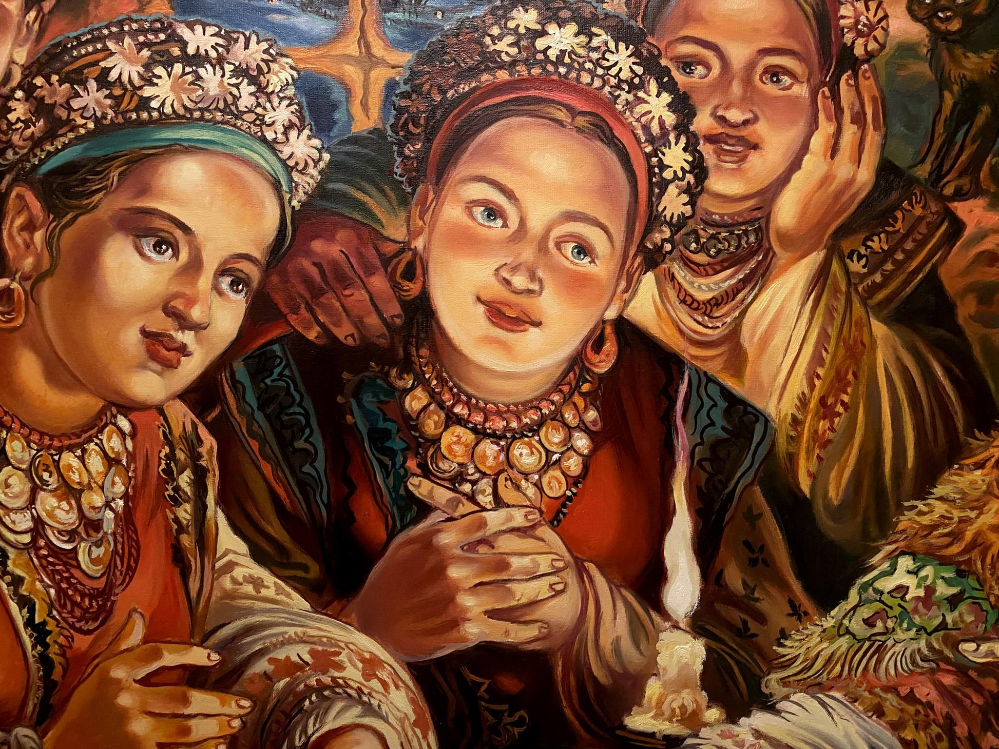 Oil painting Fortune Telling by Alexander Arkadievich Litvinov with three women