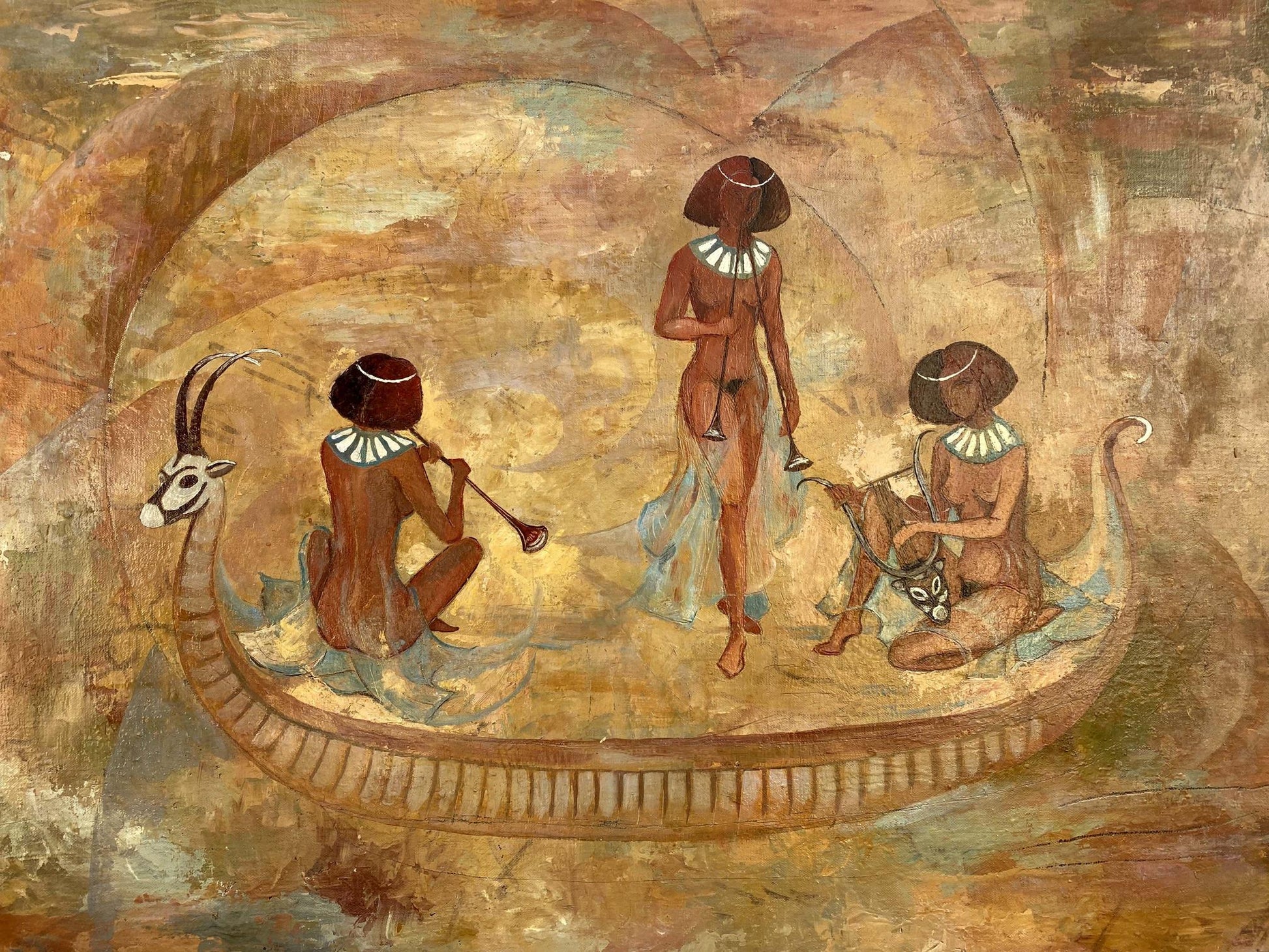 Abstract oil painting by Zhukov Alexander Viktorovich: Egyptian mural with boat, figures, antelope creature