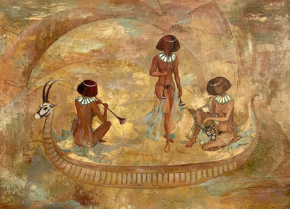 Abstract oil painting by Zhukov Alexander Viktorovich: Egyptian mural on boat with antelope-headed creature