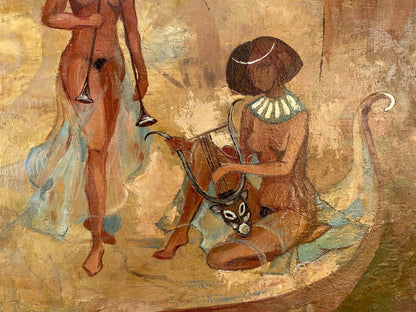Abstract oil painting by Zhukov Alexander Viktorovich: ancient Egyptian mural with seated lyre player in green collar necklace