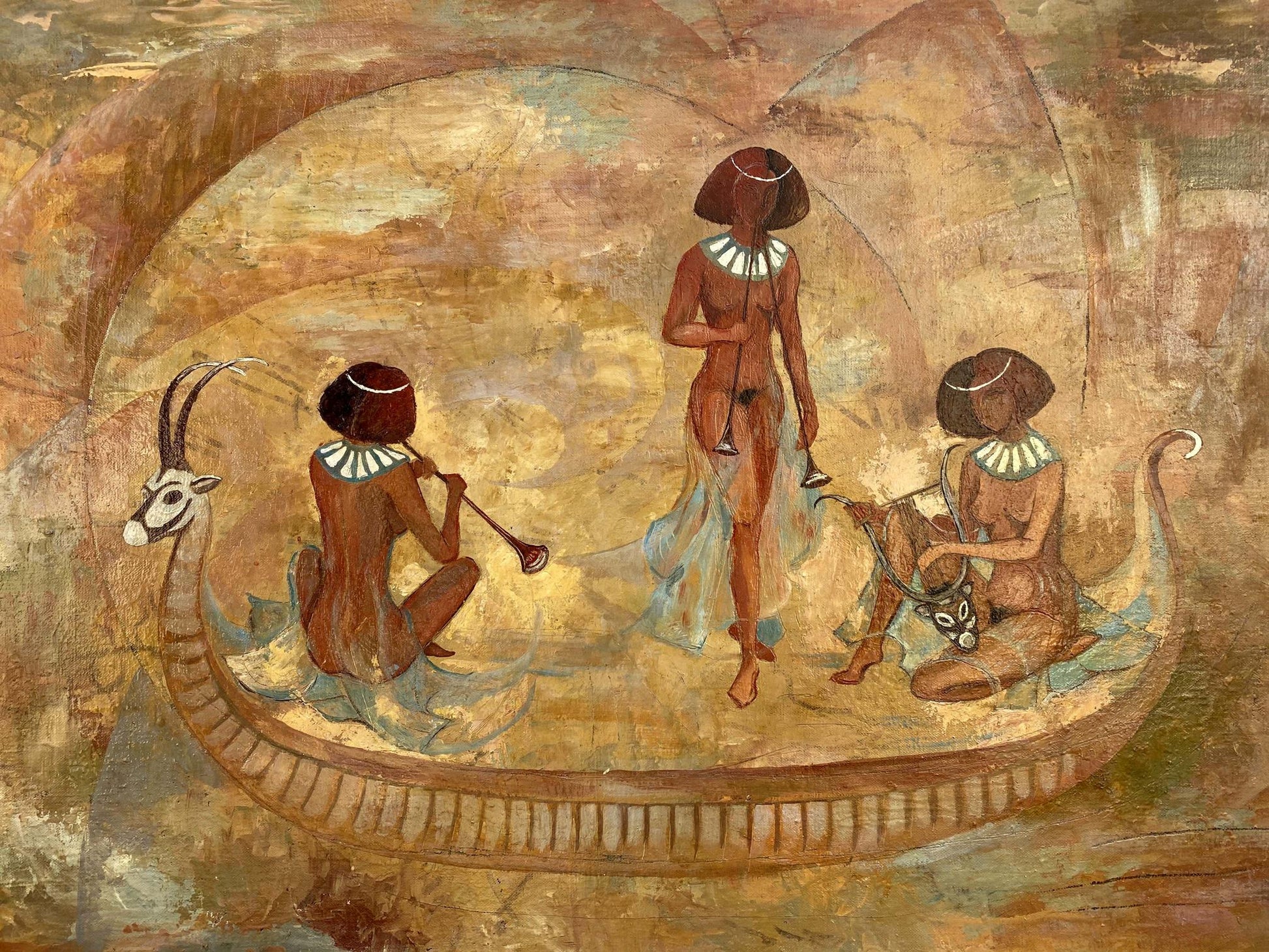 Abstract oil painting by Zhukov Alexander Viktorovich: Egyptian mural with figures on boat