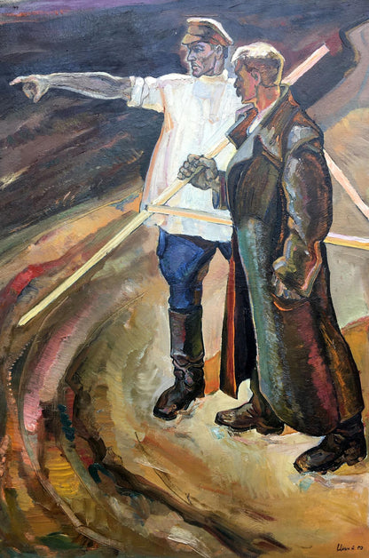 Social realism oil painting Land development Tsyun A two men pointing on terrain