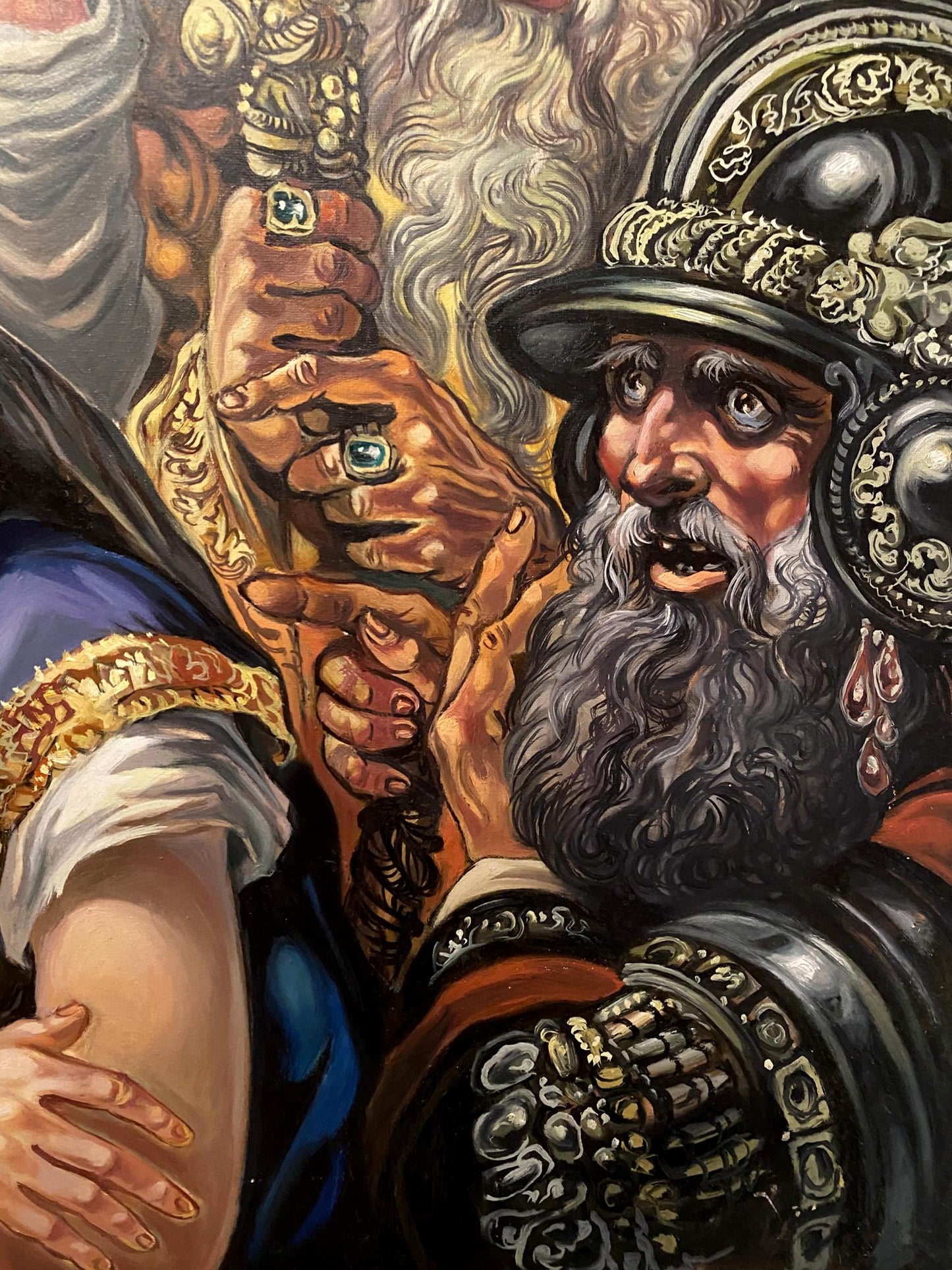 Oil painting of Christ and sinner by Litvinov, bearded warrior in black gold armor