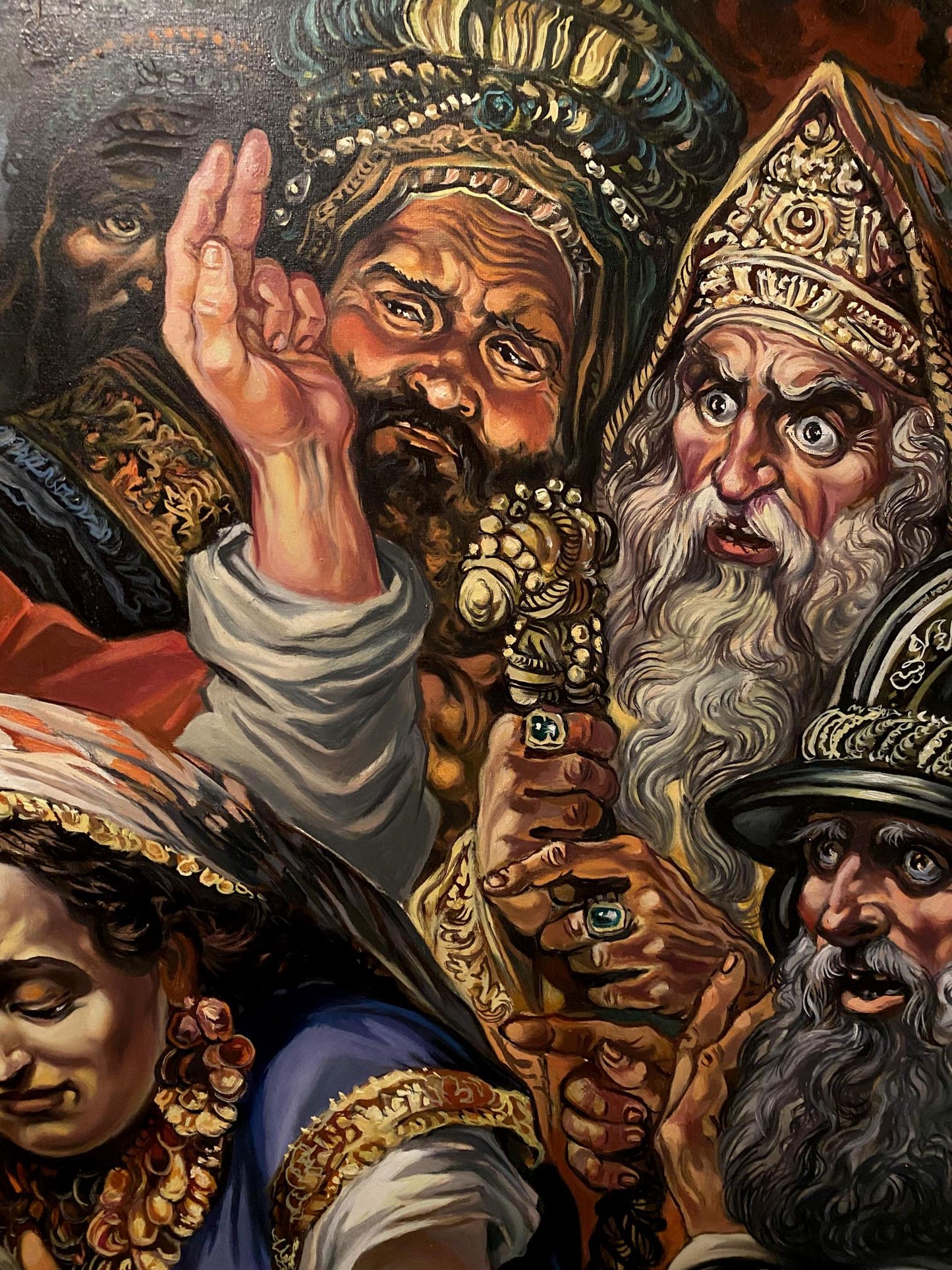 Oil painting of Christ and sinner by Litvinov, bearded regal figures in crowns