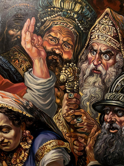 Oil painting of Christ and sinner by Litvinov, bearded regal figures in crowns