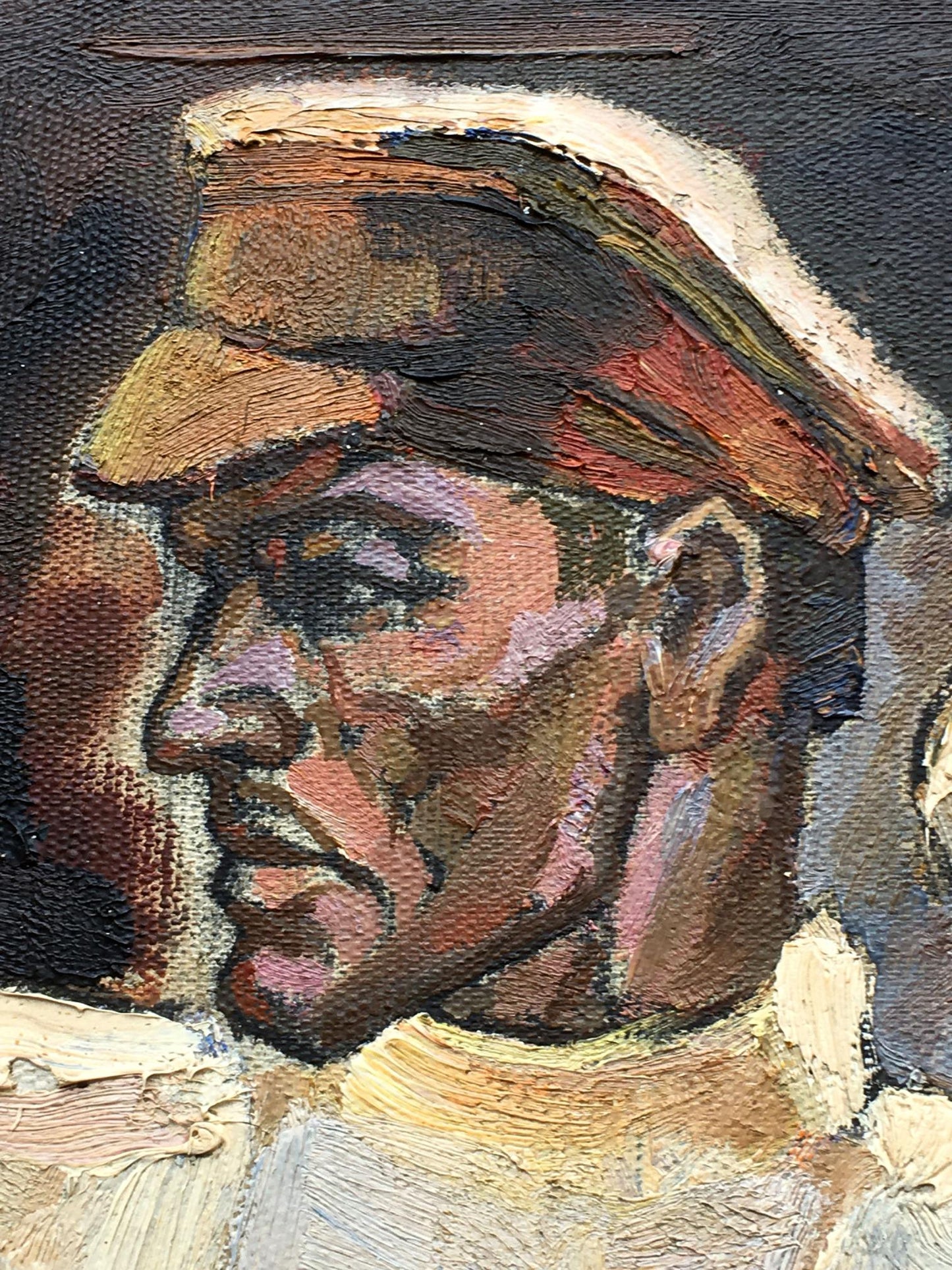 Textured social realism oil portrait of Tsyun A in brown cap