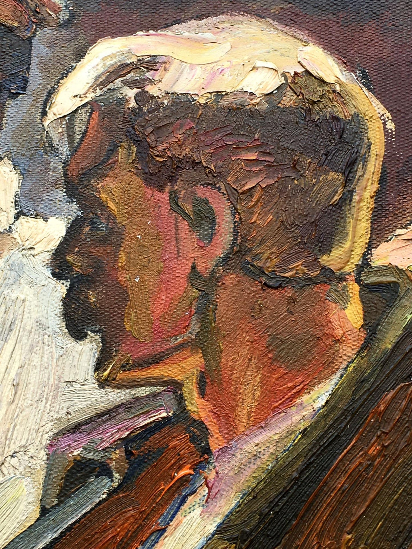 Textured oil painting portrait of Tsyun A in profile, social realism land development