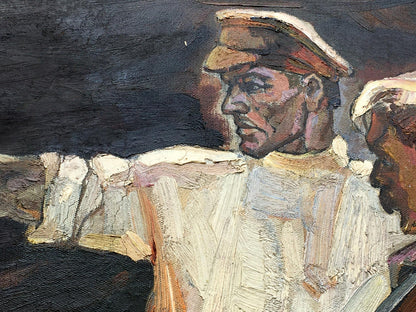 Social realism oil painting of Tsyun A in uniform, thick impasto brushstrokes