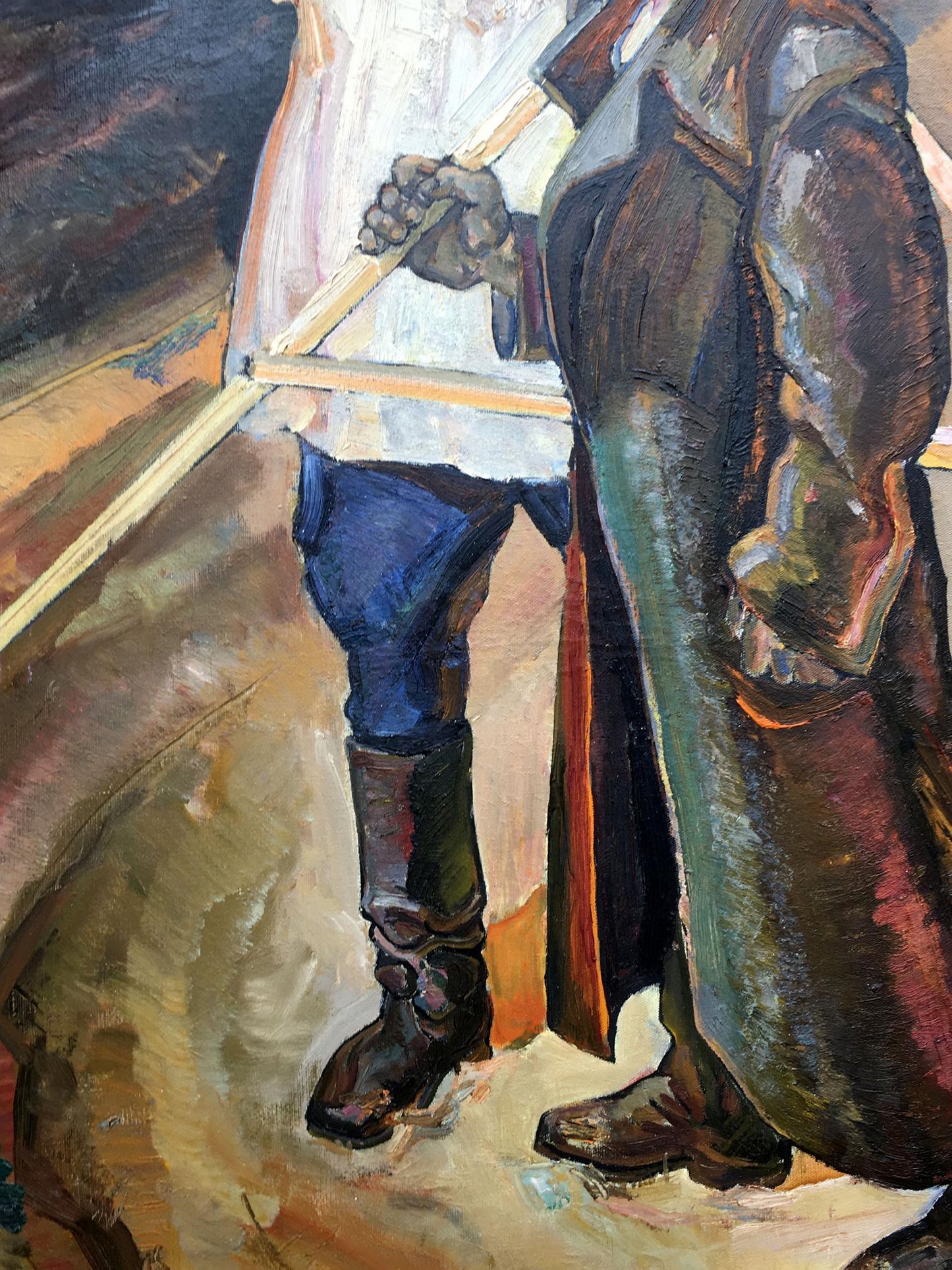 Social realism oil painting of Tsyun A in textured brown green armor