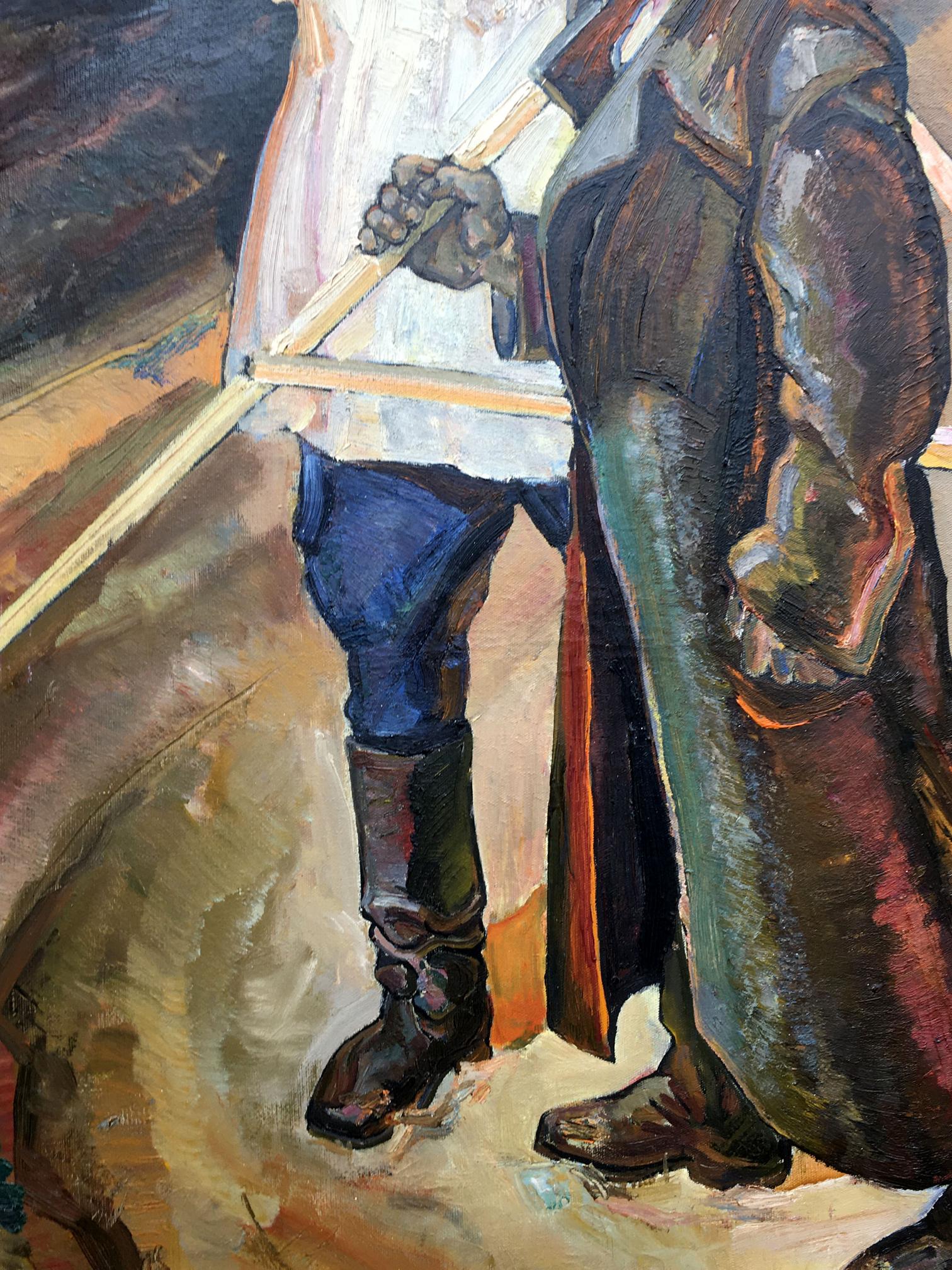 Social realism oil painting of Tsyun A in textured brown green armor