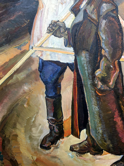 Social realism oil painting of Tsyun A in textured brown green armor