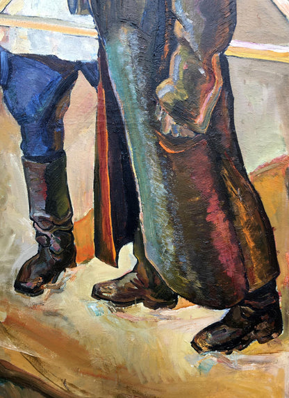 Social realism oil painting Tsyun A: textured figures in boots, earthy tones