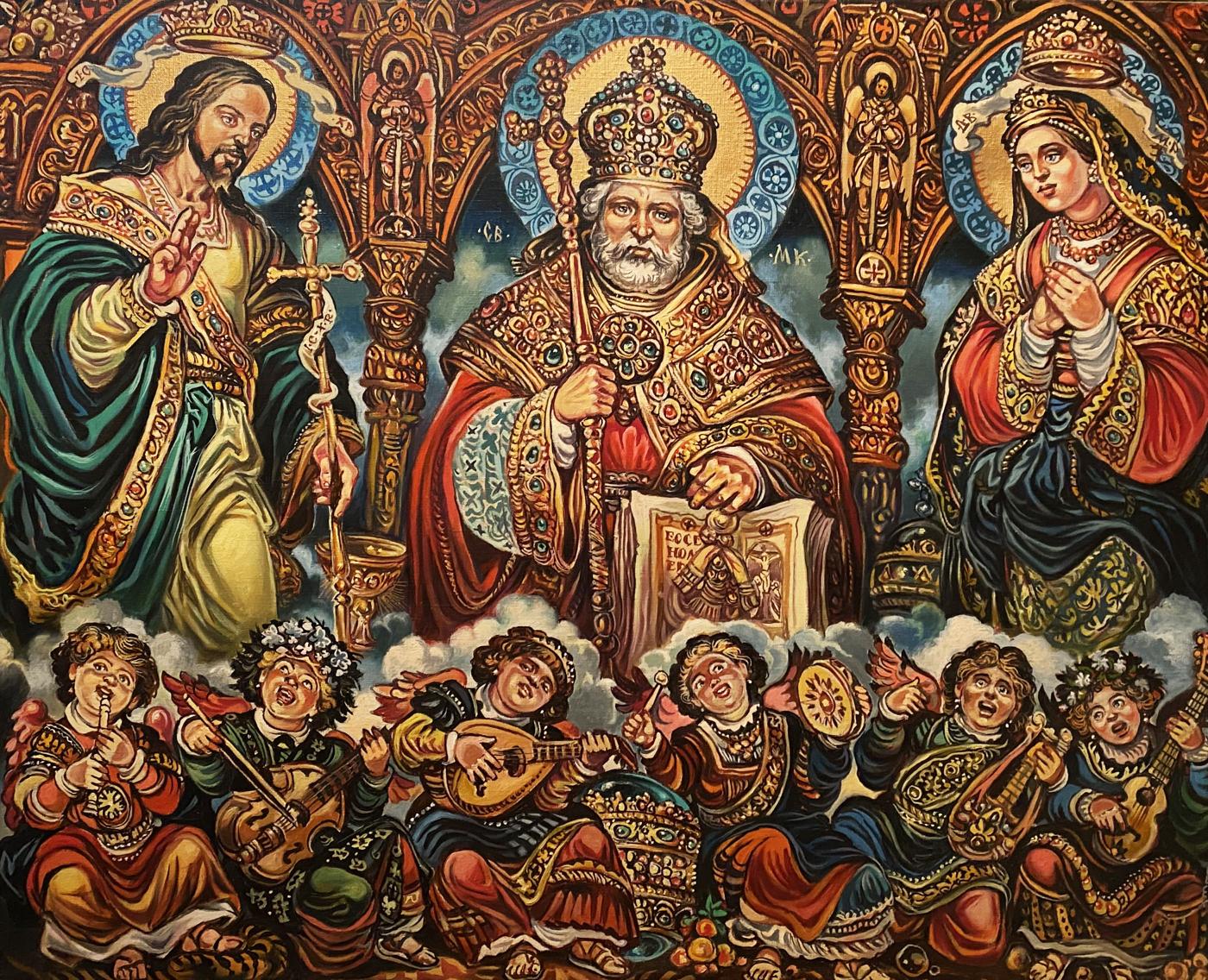 Richly adorned golden crown by St. Nicholas in Litvinov oil painting