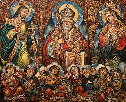 Richly adorned golden crown by St. Nicholas in Litvinov oil painting
