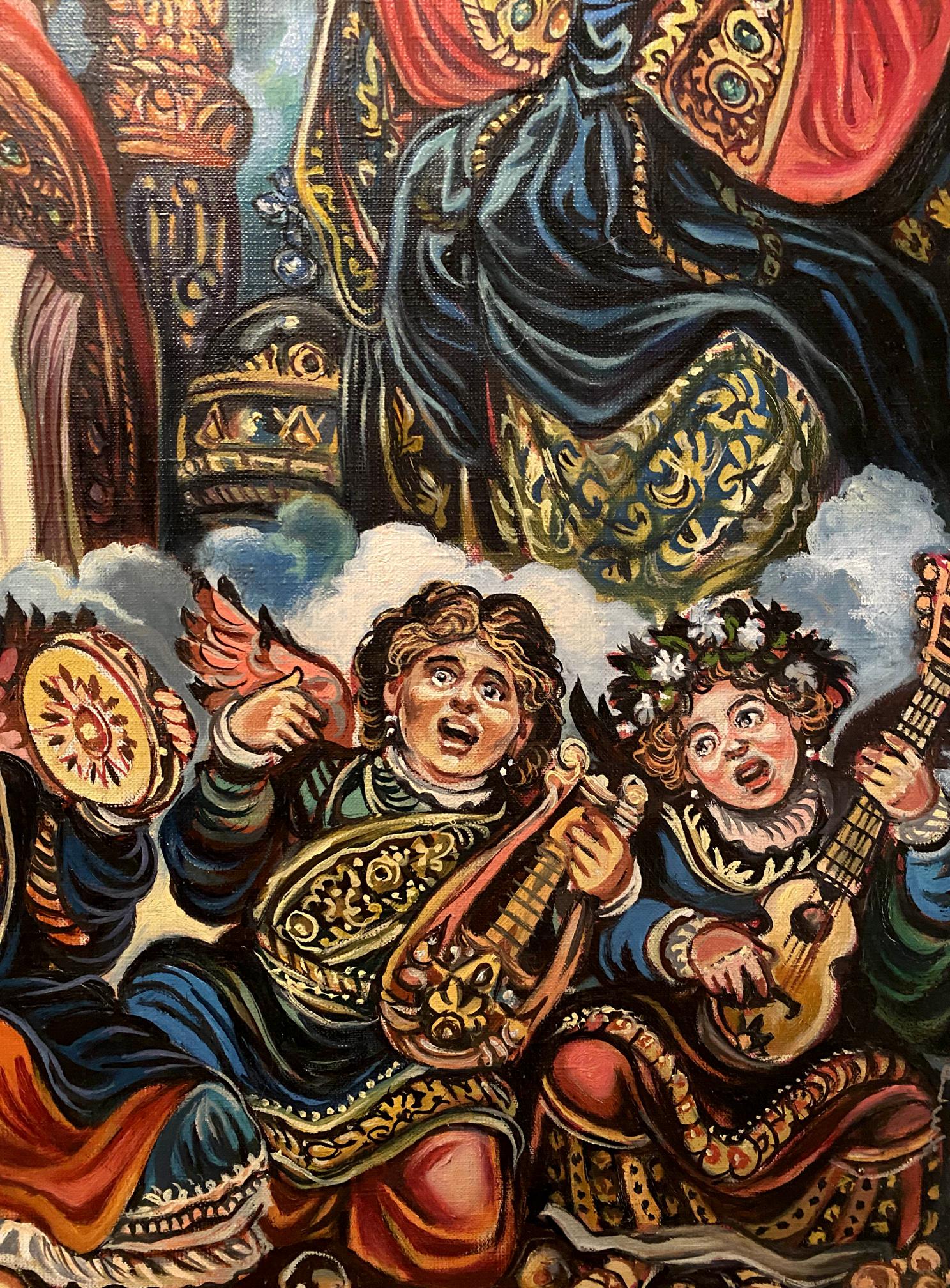 Oil painting by St. Nicholas Litvinov of children playing medieval instruments