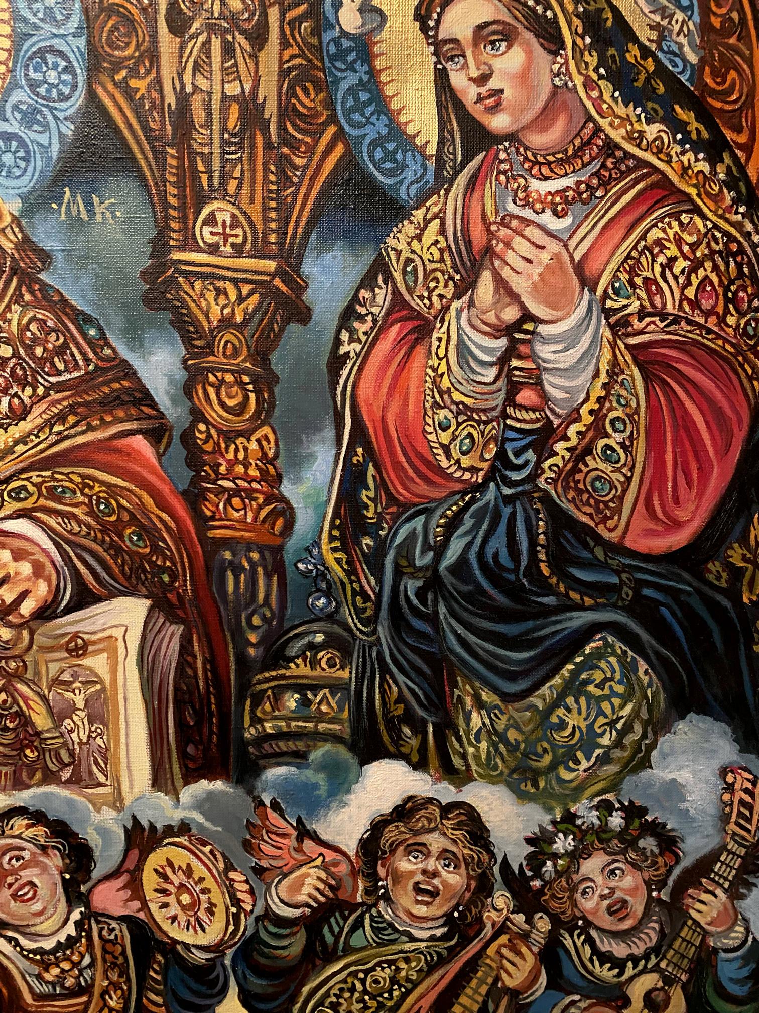 Oil painting of St. Nicholas by Alexander Arkadievich Litvinov in ornate red gold robes