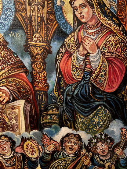 Oil painting of St. Nicholas by Alexander Arkadievich Litvinov in ornate red gold robes