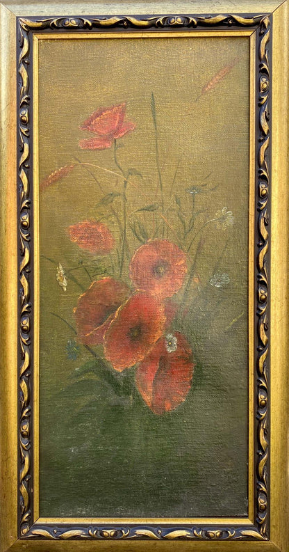 Oil painting of fresh poppies and chamomiles in ornate gold frame