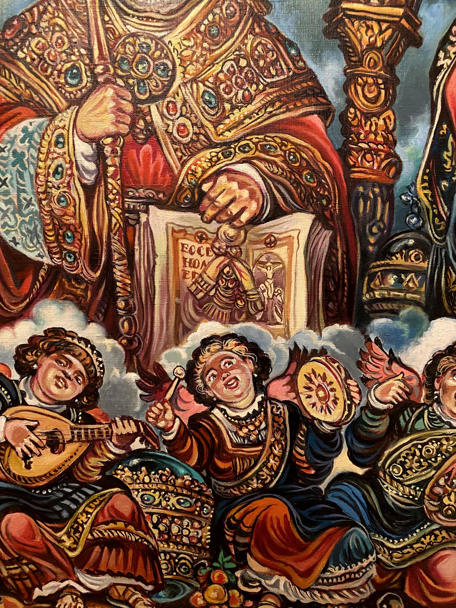 Oil painting of St. Nicholas in richly embroidered golden red ceremonial robe by Litvinov