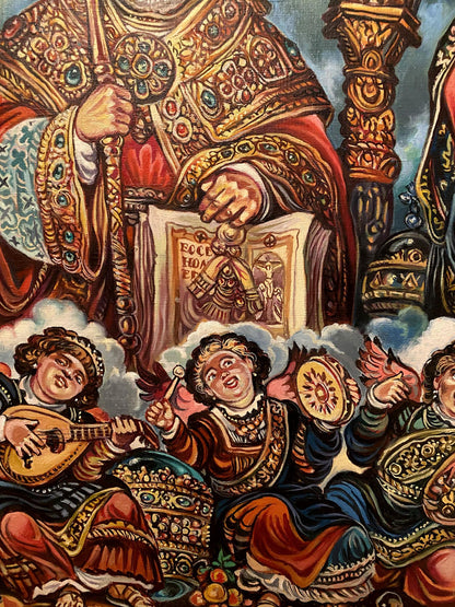 Oil painting of St. Nicholas in richly embroidered golden red ceremonial robe by Litvinov