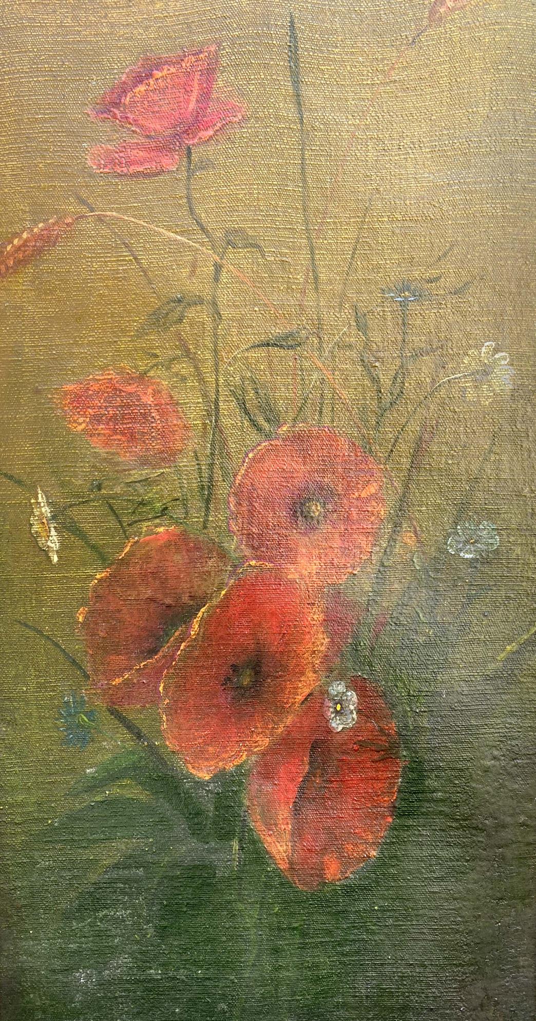 Oil painting of fresh poppies and chamomiles by unknown artist